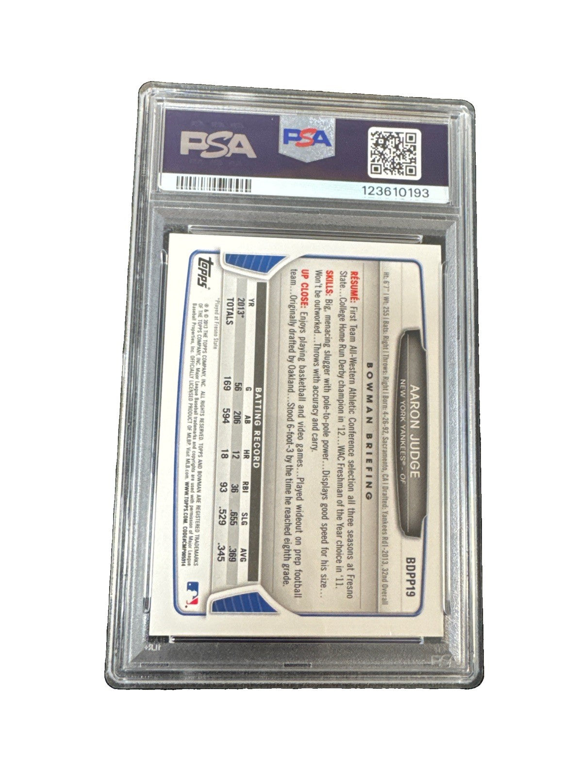 2013 Bowman Draft Picks & Prospects - Draft Picks Aaron Judge #BDPP19 (RC) PSA 8