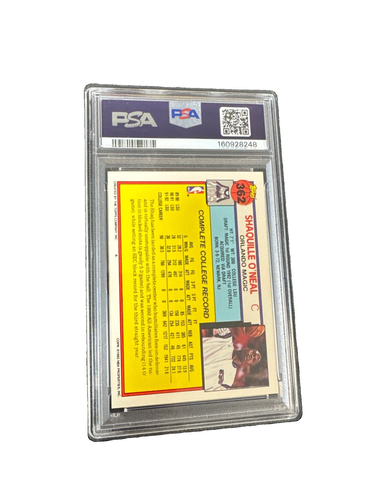 1992-93 Topps - Shaquille O'Neal #362 (RC) PSA 8