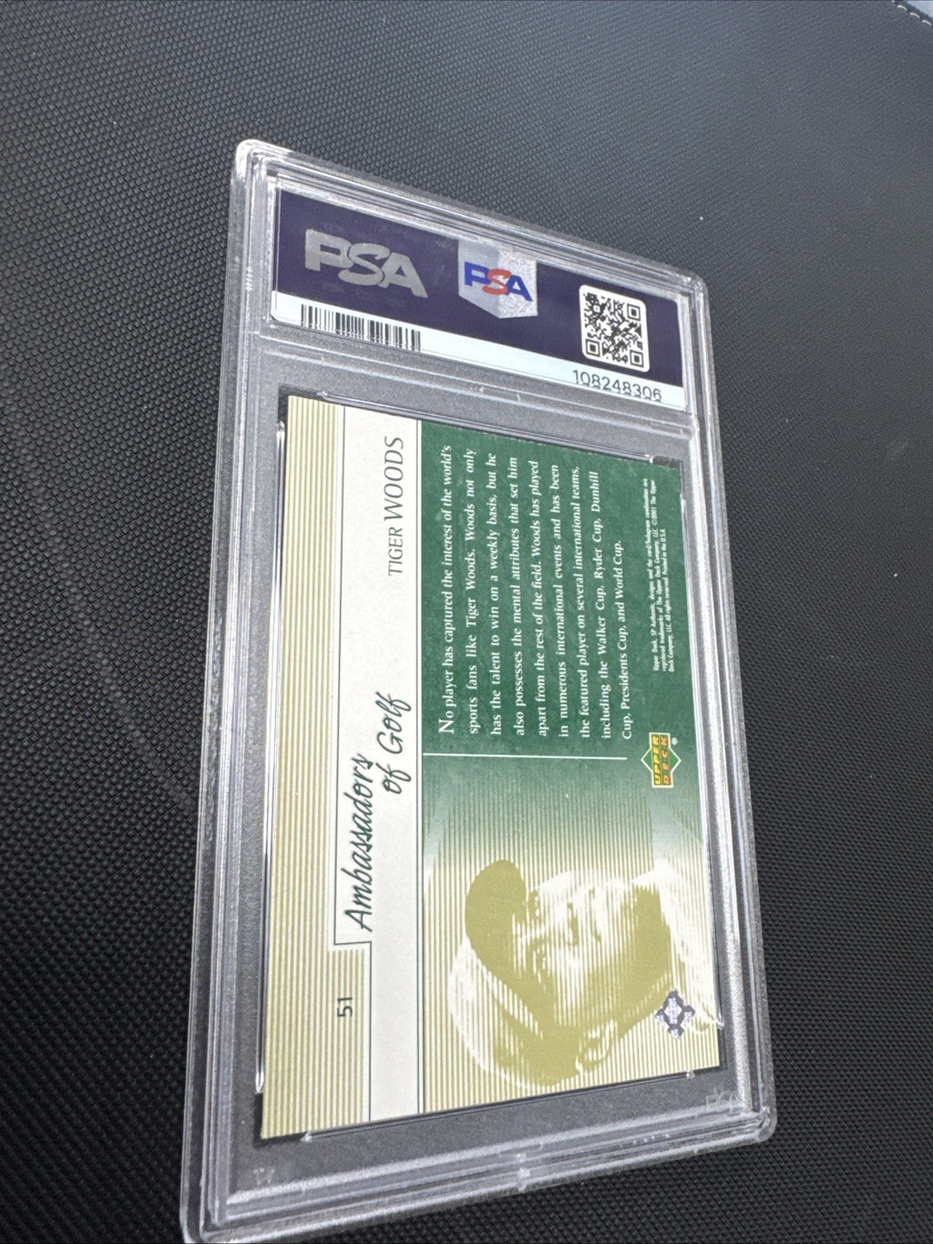 2001 SP Authentic Preview - Ambassadors of Golf Tiger Woods #51 (RC) PSA 9