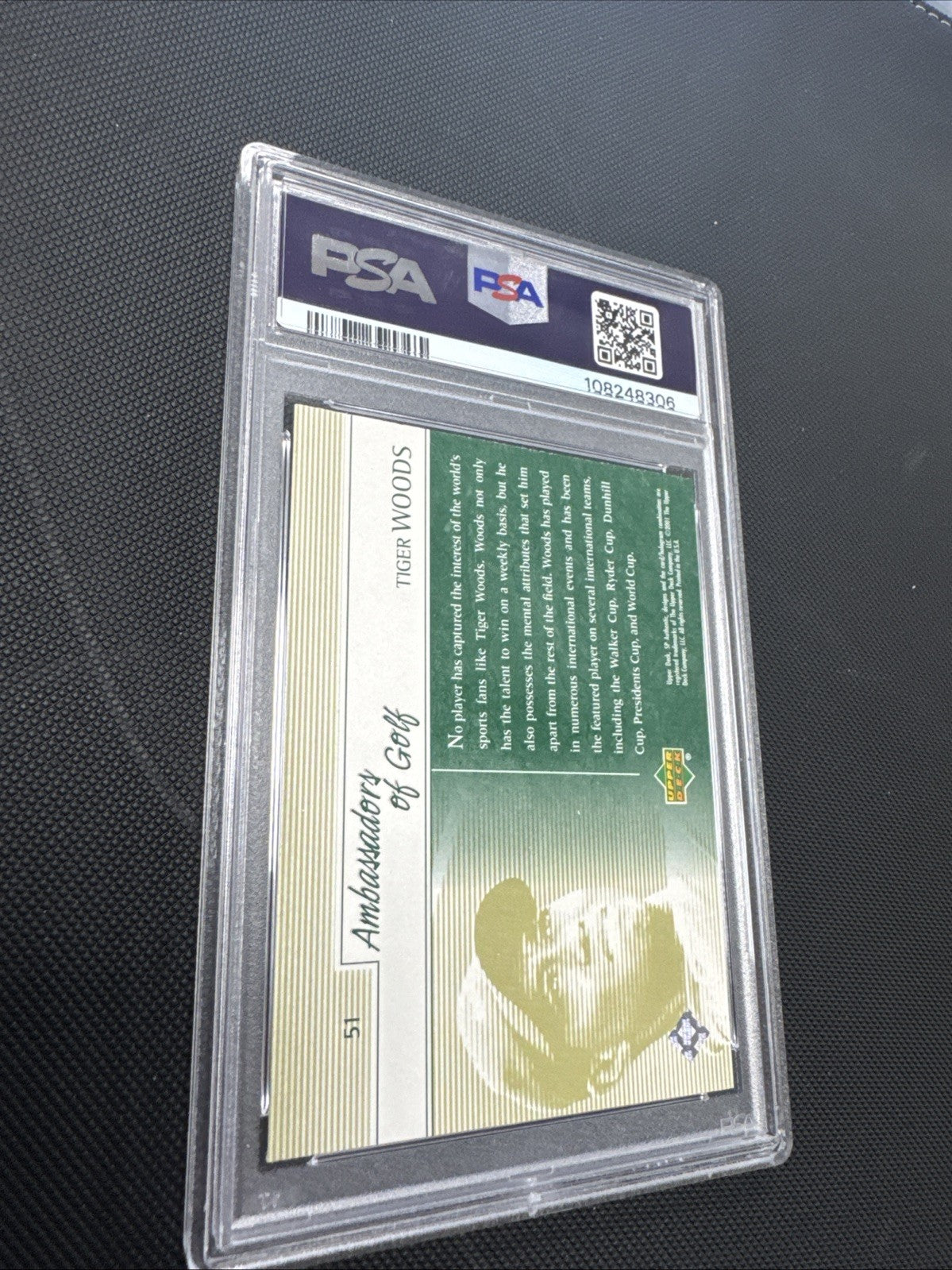 2001 SP Authentic Preview - Ambassadors of Golf Tiger Woods #51 (RC) PSA 9