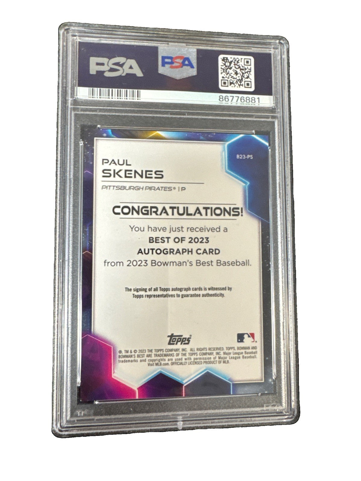 2023 Bowman’s Best Paul Skenes Best Of 2023 Autograph-Red /10 PSA 9