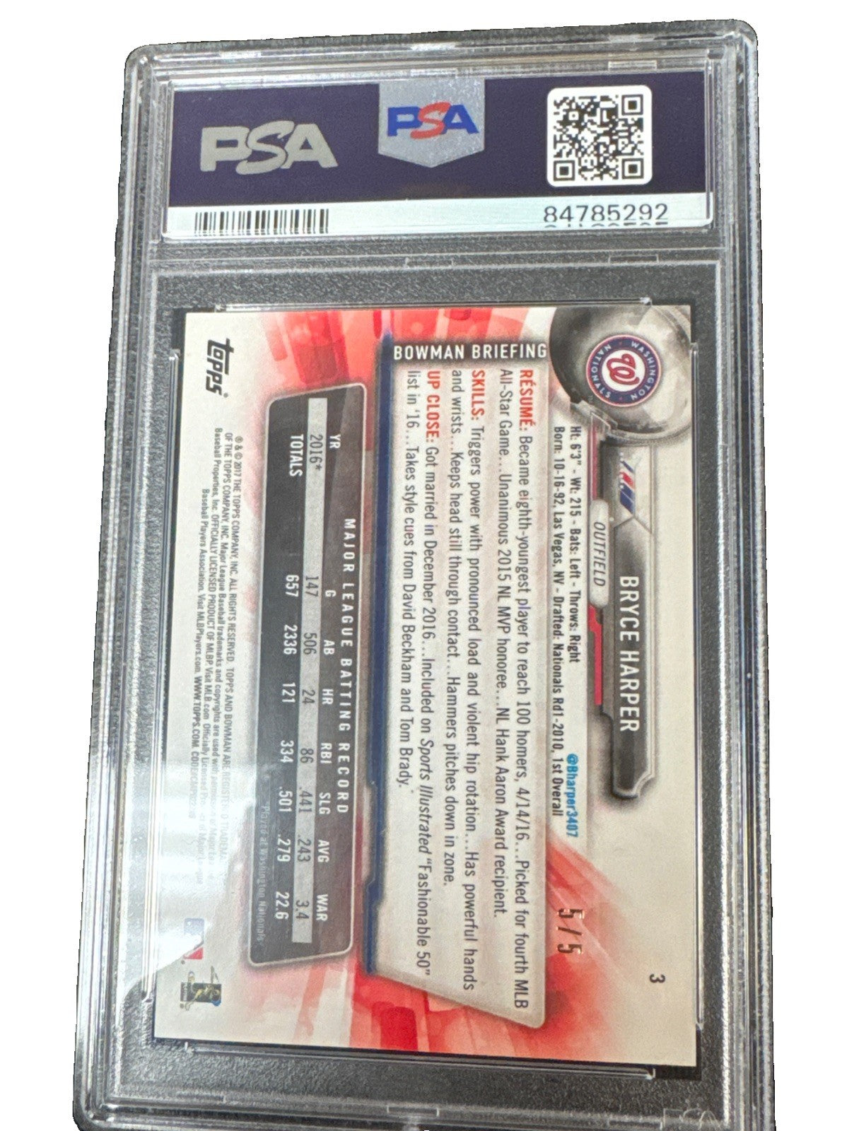 2017 Bowman Bryce Harper Red /5 PSA 8