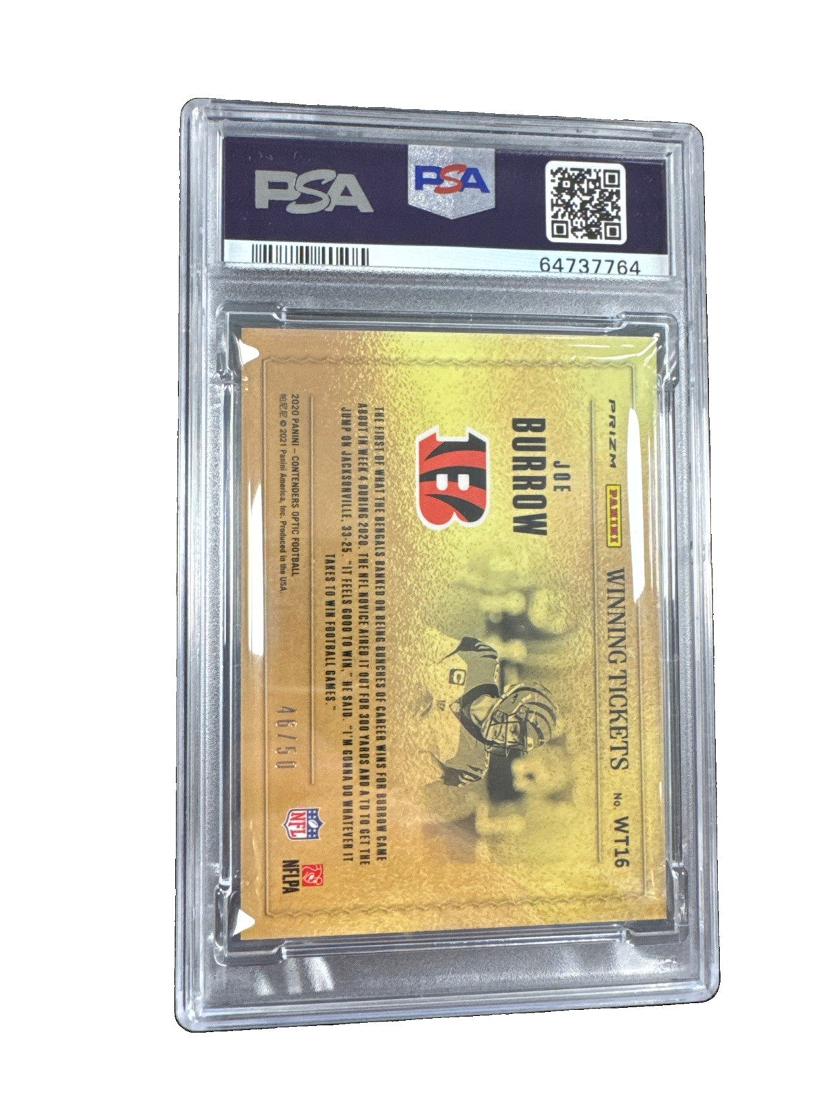 2020 Panini Cont.Optic- Winning Tickets Joe Burrow #WT16 Orange Prizm /50 PSA 10