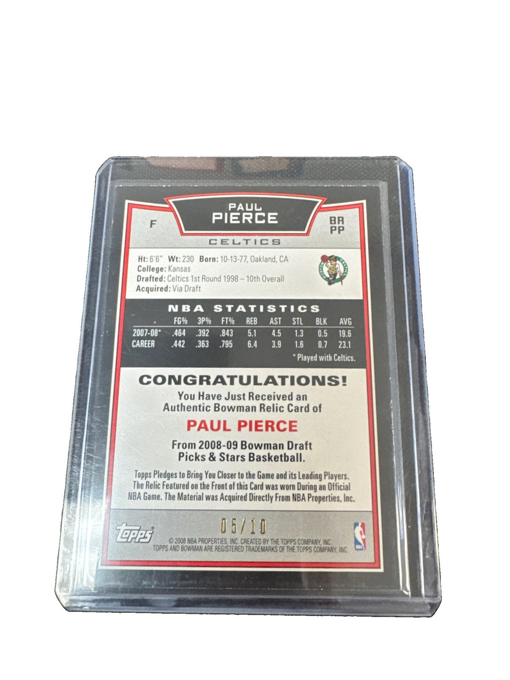 2008 Bowman Topps Paul Pierce /10 Game Worn Patch